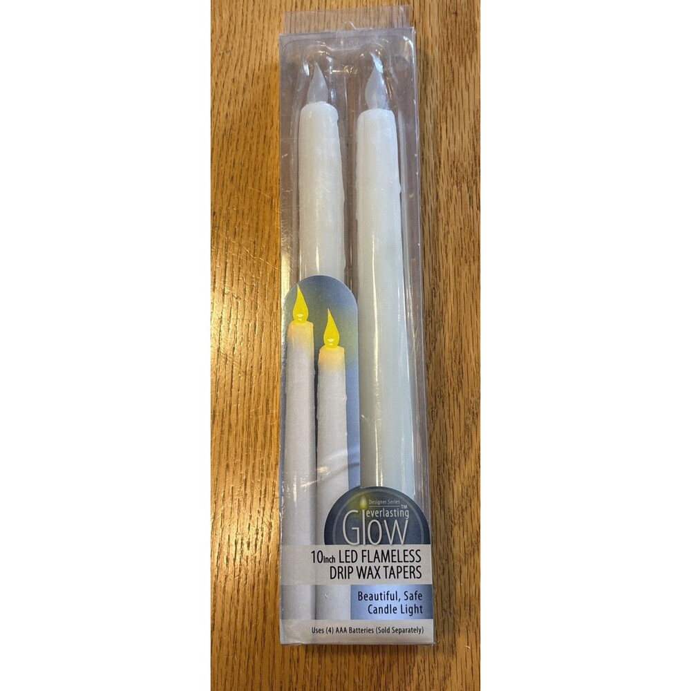 DESIGNER EVERLASTING GLOW 10" IVORY Flameless LED DRIP WAX TAPERS 2 NEW IN PKG